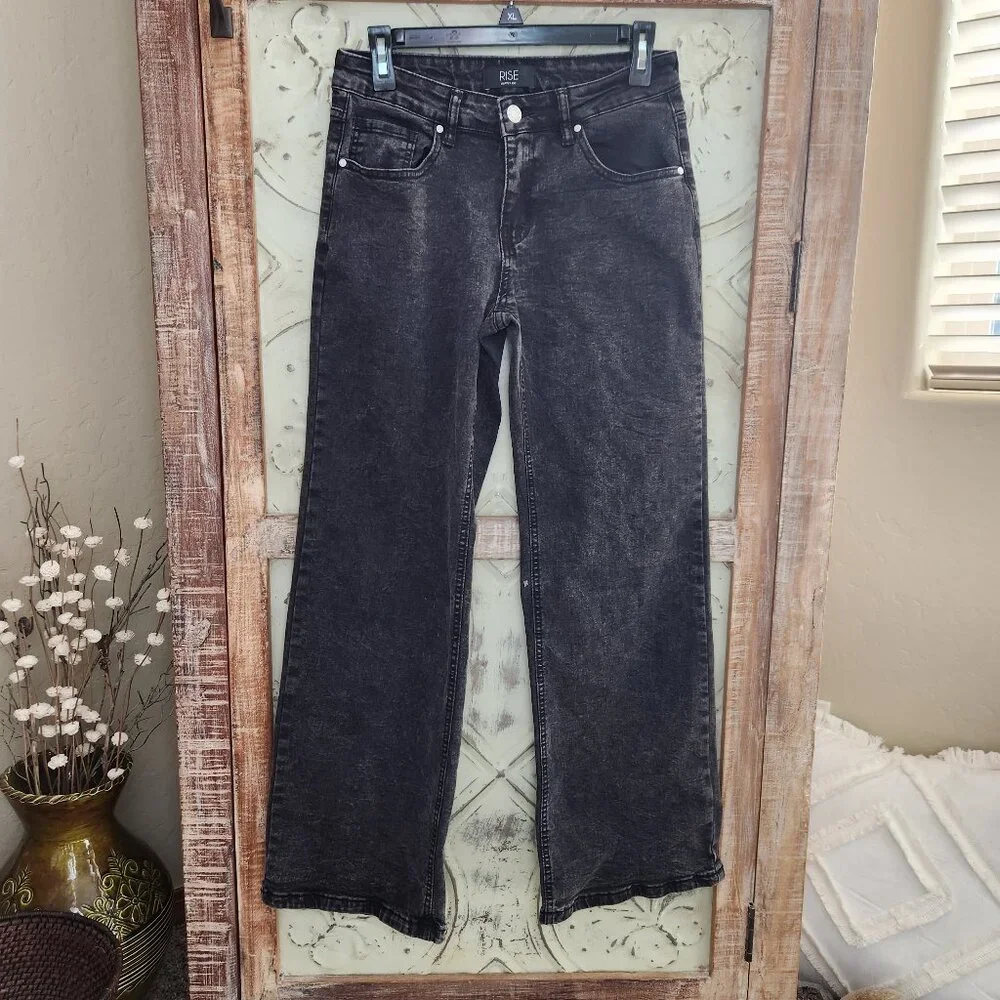 Rise Supply Co Black Acid Wash Stretch Mid-Rise Straight Leg Jeans | Size 7